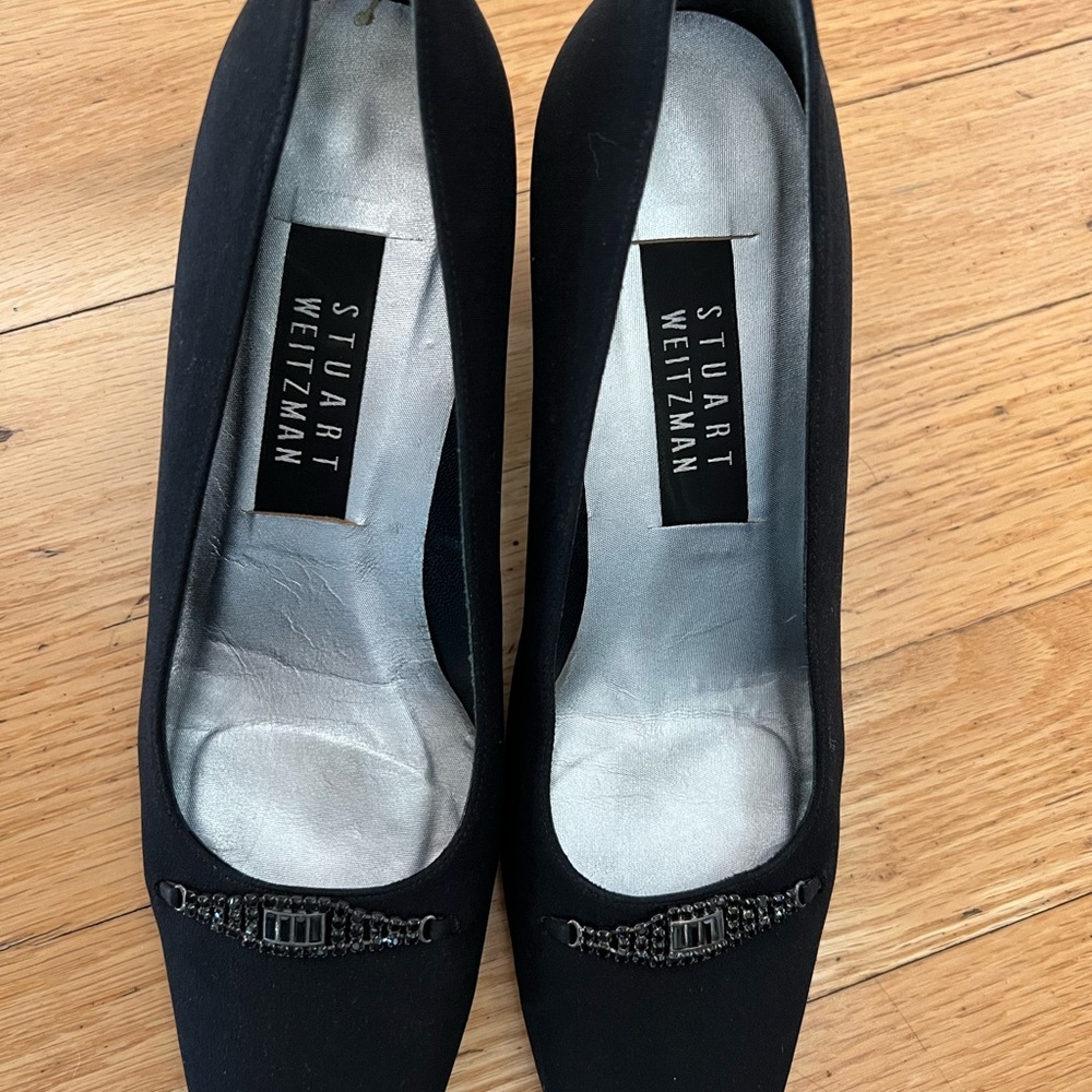 Stuart Weitzman Black Satin Pumps with Subtle Rhinestone Accent